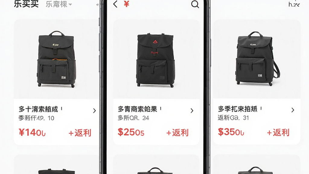 乐买买应用内商品搜索结果页面,手机屏幕显示多个商品卡片,每个卡片包含商品图片、标题、价格和返利金额,布局整齐,风格清爽,细节清晰,画质高清,干净,无多余元素