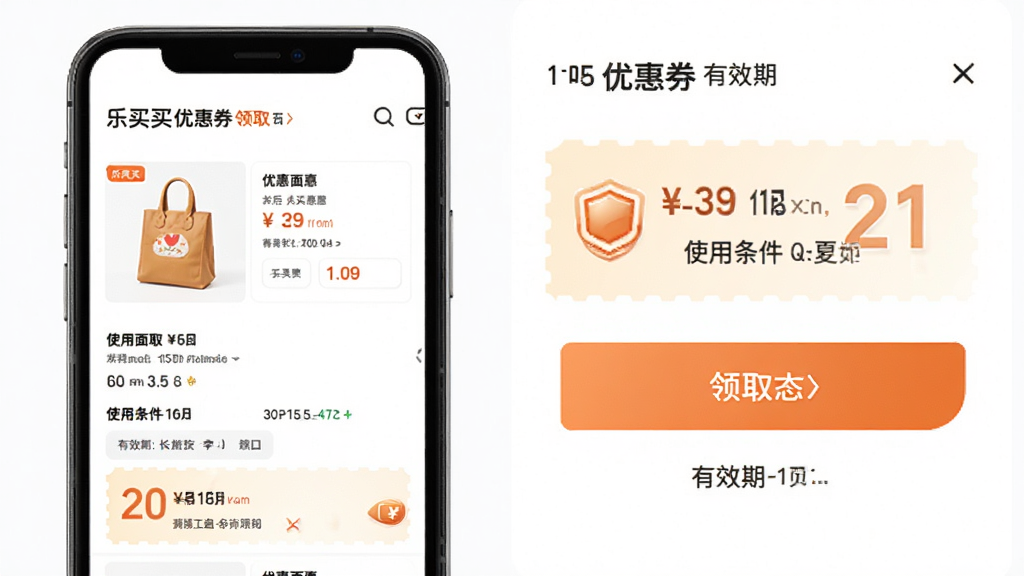 乐买买优惠券领取页面,手机屏幕展示商品详情和优惠券信息,有领取按钮和有效期提示,布局简洁,风格明快,细节包括优惠券面额和使用条件,画质高清,干净,无多余元素