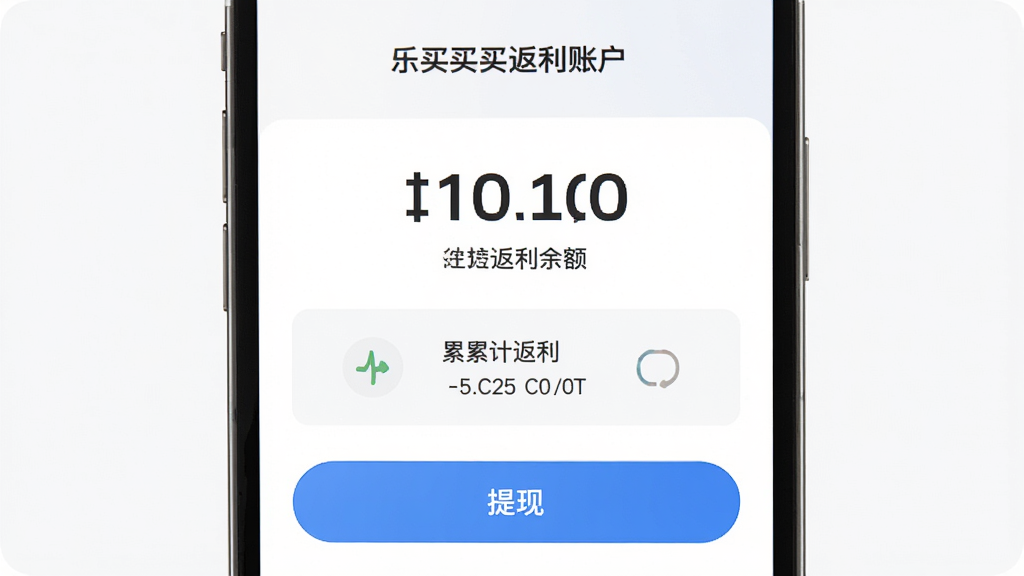 乐买买返利账户页面,手机屏幕显示返利余额、累计返利和提现按钮,布局清晰,风格简约,细节包括数字展示和按钮样式,画质高清,干净,无多余元素