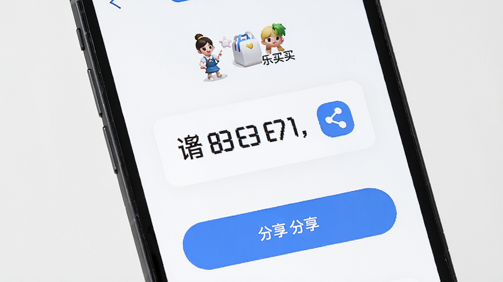 乐买买邀请好友页面,手机屏幕显示邀请码和分享按钮,布局简洁,风格友好,细节包括邀请码数字和分享图标,画质高清,干净,无多余元素