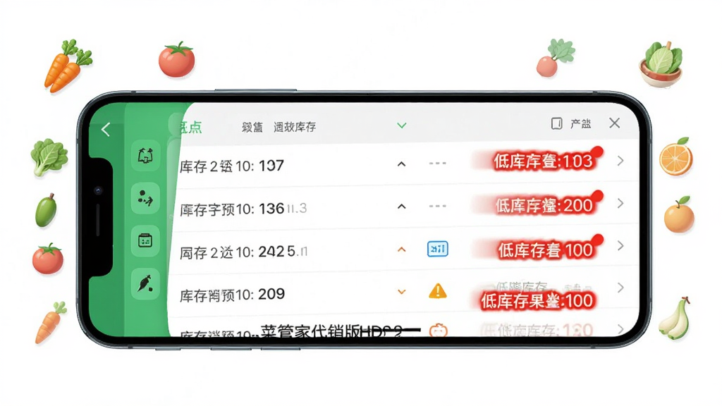 一部手机展示菜管家代销版HD库存同步界面,屏幕中呈现库存数量列表与低库存红色提醒标识,旁边有蔬菜水果小图标点缀,整体风格简洁明快,布局为上下结构,画质高清,干净无多余元素