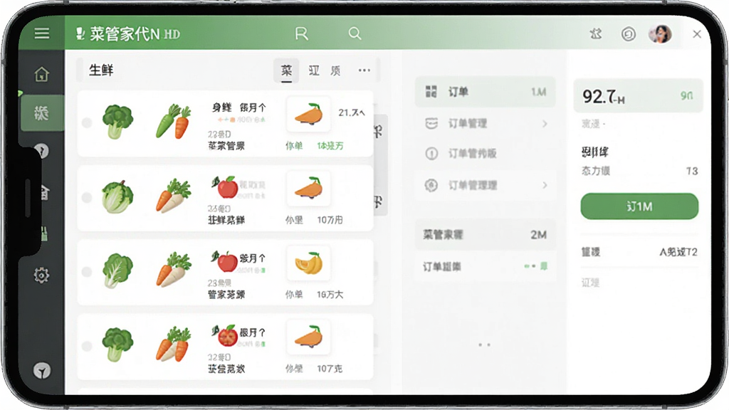 一张展示菜管家代销版HD软件主界面的手机预览图,画面中央是一部竖屏安卓手机,屏幕内呈现生鲜商品列表与订单管理面板,布局清晰整洁,风格为现代扁平化设计,细节包含蔬菜水果小图标与数据卡片,画质高清,干净无多余元素