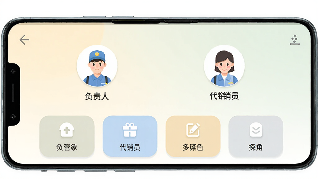 一部安卓手机屏幕内展示菜管家代销版HD的多角色协同界面,画面中有负责人与代销员两个角色图标并列,下方对应不同功能入口,背景为柔和浅色,布局对称,画质清晰,干净无多余元素