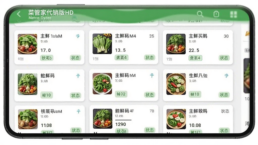 一部安卓手机屏幕中显示菜管家代销版HD的订单管理界面,页面以卡片形式排列多笔生鲜订单,每张卡片包含商品缩略图、数量与状态标签,背景为浅色商务风格,布局整齐,画质清晰,干净无多余元素