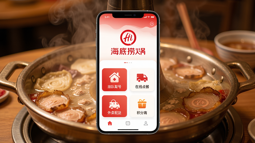 海底捞APP主界面展示,手机屏幕中呈现海底捞红色品牌标识,页面布局包含排队取号、在线点餐、外卖配送、积分商城功能入口,背景为温暖火锅场景,风格简洁现代,细节清晰,画质高清,干净无多余元素