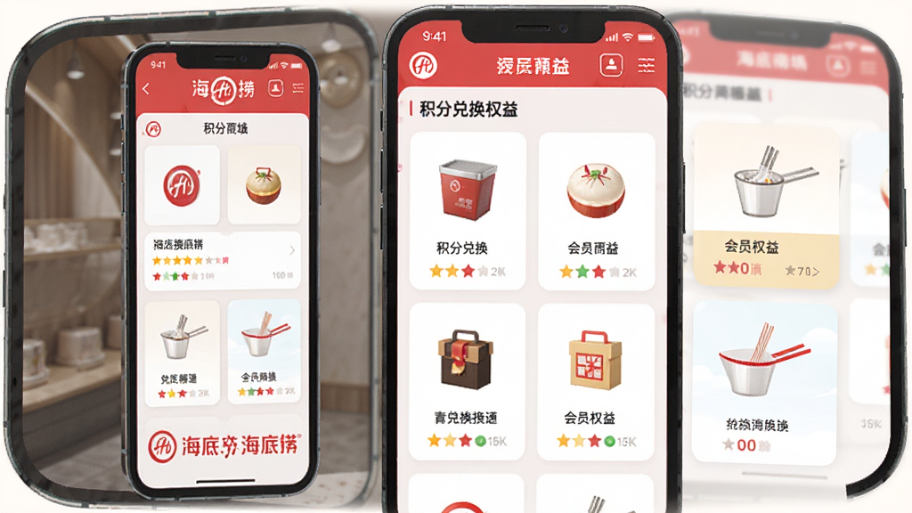 海底捞APP积分商城界面,手机屏幕展示积分兑换商品与会员权益卡片,页面中有海底捞品牌元素,布局整齐,风格简约清新,细节清晰,画质高清,干净无多余元素