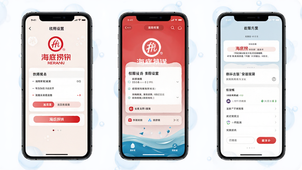 海底捞APP使用教程示意图,手机屏幕展示权限设置与安装界面,页面中有海底捞标识,布局清晰,风格简洁,细节明确,画质高清,干净无多余元素