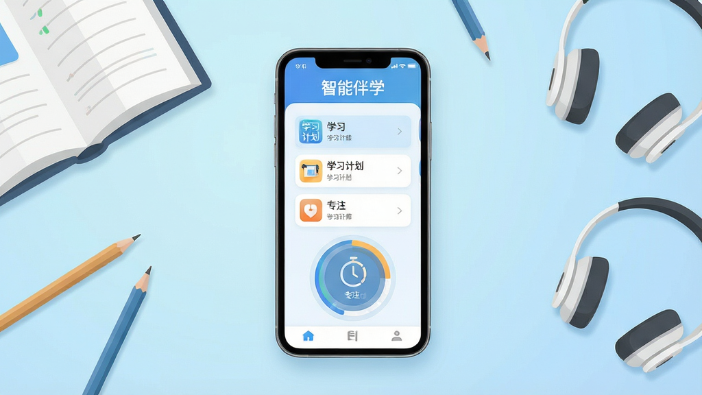 画面中央放置一部智能手机,手机屏幕亮起显示“智能伴学”应用主界面,界面包含学习计划列表与专注计时圆环,手机周围散落书本、铅笔、耳机等学习用品,背景为浅蓝色渐变书桌场景,整体布局居中对称,风格清新简约扁平化,细节上突出应用图标与界面元素,画质清晰干净无多余元素