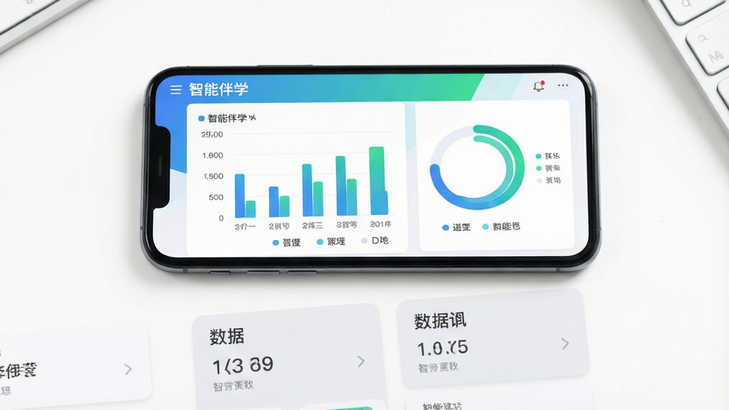 画面中央一部手机屏幕显示“智能伴学”数据统计页面,包含柱状图与环形进度图,图表颜色为蓝绿渐变,手机下方有浅灰色数据卡片,背景为纯白桌面,布局居中,风格极简商务,细节清晰展示图表数值与图例,画质干净无杂乱元素
