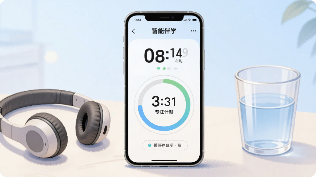 画面中央一部手机展示“智能伴学”专注计时界面,屏幕显示倒计时数字与进度环,手机旁边放置一副耳机与一杯水,背景为淡蓝色渐变,布局居中,风格温馨学习场景插画,细节突出计时器与休息提示文字,画质柔和干净无多余装饰