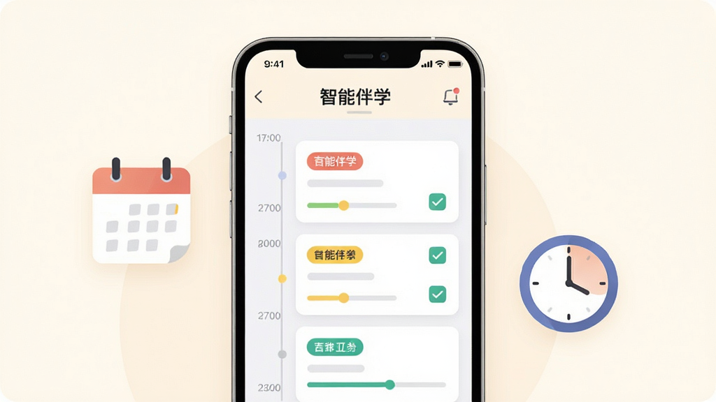 画面中央一部手机展示“智能伴学”学习计划界面,屏幕内呈现按时间轴排列的任务卡片,卡片上有彩色标签与勾选状态,手机两侧漂浮日历图标与时钟图标,背景为柔和的米白色,布局采用居中构图,风格现代扁平插画,细节强调任务卡片与进度条,画质高清干净整洁