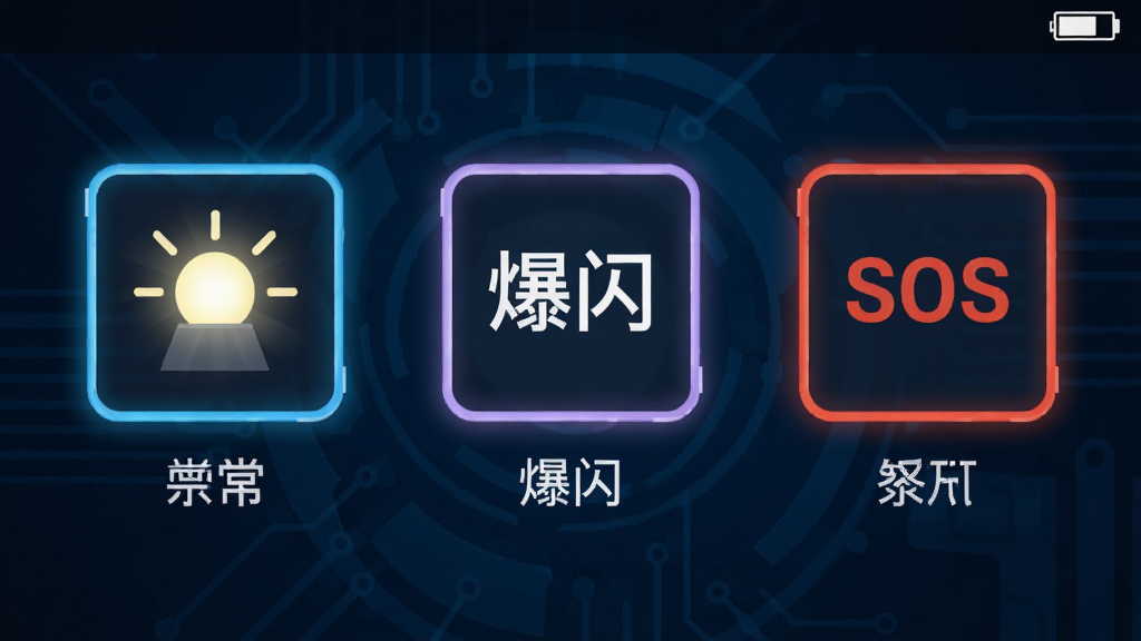 超级手电筒应用中的模式选择界面,屏幕上排列着常亮、爆闪、SOS三个大图标按钮,背景为深蓝色科技纹理,每个按钮下方有中文标签,画面风格扁平化设计,细节包括按钮的发光边缘和顶部状态栏的电池电量显示,画质清晰,干净整洁。