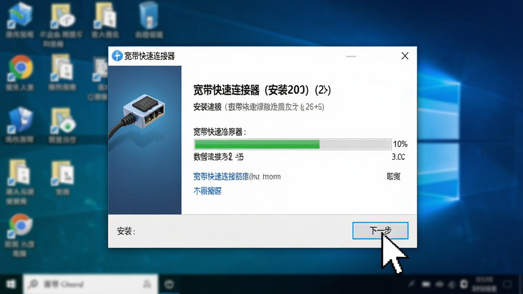 一张展示“宽带快速连接器”在Windows电脑上安装过程的AI生图,画面主体是软件安装向导的对话框,旁边有鼠标指针正在点击“下一步”按钮,背景是模糊的桌面图标,布局为居中构图,排版清晰,风格为写实软件截图风,细节上体现安装进度条,画质高清,干净,无多余元素