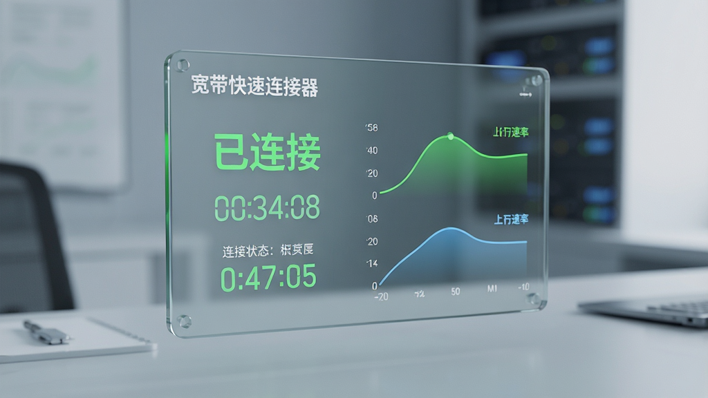一张展示“宽带快速连接器”连接状态监控面板的AI生图,画面主体是一个悬浮在桌面上的半透明玻璃质感面板,面板上显示着绿色的“已连接”字样、跳动的时间数字和上下行速率曲线,布局为纵向排列,排版清晰,风格为极简科技感,细节上体现数据波动的平滑曲线,画质高清,干净,无多余元素