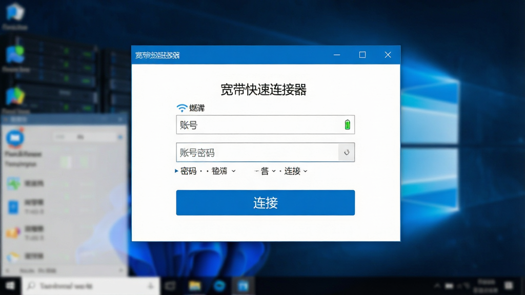 一张干净简洁的软件界面展示图,画面中央是“宽带快速连接器”的主窗口,窗口内包含账号密码输入框和醒目的连接按钮,界面风格现代简约,采用蓝白配色,背景是模糊的Windows桌面,整体布局清晰,排版整齐,风格为科技办公风,细节上体现网络连接状态图标,画质高清,干净,无多余元素