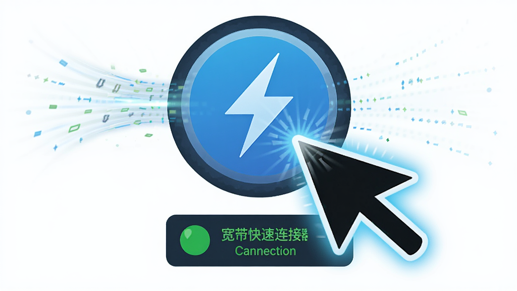一张表现“宽带快速连接器”一键拨号功能的AI生图,画面主体是一个发光的鼠标指针正点击一个带有闪电标志的蓝色圆形按钮,按钮下方是宽带连接成功的状态指示,布局采用中心构图,排版简洁,风格为扁平化科技风,细节上体现数据流传输的光效,画质高清,干净,无多余元素