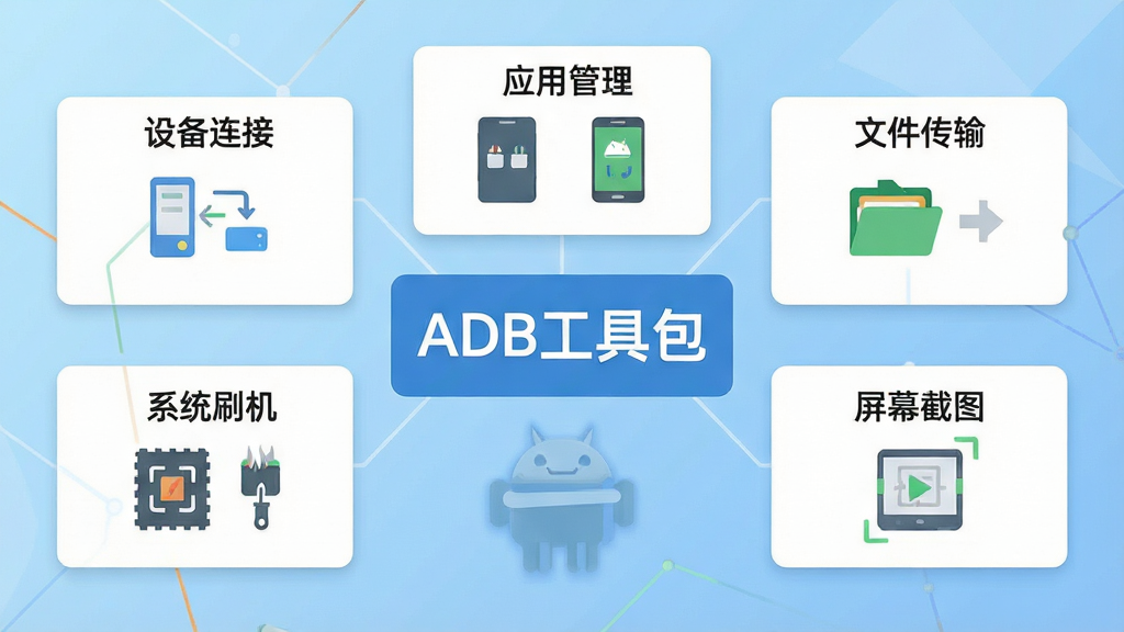 一张展示ADB工具包功能模块的示意图,画面采用扁平化信息图风格,中央是