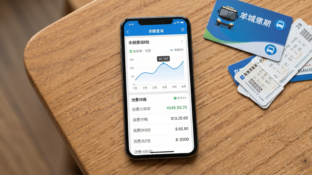手机屏幕展示羊城通App余额查询与消费记录页面,界面包含折线统计图和消费明细列表,手机放置在木质桌面上,旁边有公交卡和地铁票根作为装饰元素,主体为屏幕内容,布局居中,风格为简约商务扁平风,细节包含数字金额和日期标签,画质高清,画面干净,无多余元素。
