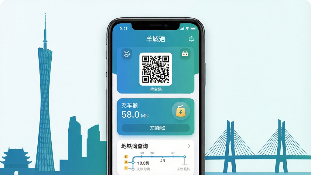 一张展示羊城通App核心功能的手机界面预览图,画面中央是一部竖屏智能手机,屏幕内显示羊城通App首页,包含乘车码二维码、余额显示区域、充值入口图标和地铁线路查询功能模块。手机周围分布着广州地标建筑剪影如广州塔、猎德大桥的扁平化插画元素,整体采用蓝绿色调,布局简洁清晰,排版居中对称,风格为现代扁平化UI展示风格,细节包含圆角图标和柔和阴影,画质高清,画面干净,无多余元素。