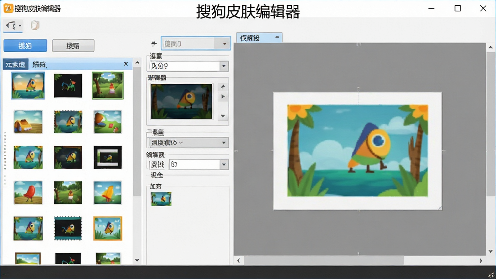 一张展示搜狗皮肤编辑器软件主界面的图片,画面中央是软件操作窗口,左侧为皮肤元素列表,右侧为编辑预览区域,界面上方显示“搜狗皮肤编辑器”文字标识,整体布局清晰、排版整齐,风格为现代简约的电脑软件界面截图风格,细节包括按钮、输入框、预览小图等,画质清晰、干净、无多余元素