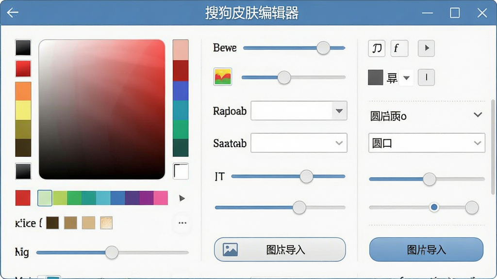 一张展示搜狗皮肤编辑器皮肤元素自定义面板的图片,画面中包含颜色选择器、字体设置、圆角调节滑块、图片导入按钮等控件,界面中带有“搜狗皮肤编辑器”文字标识,布局为面板式排列,风格为清爽的工具软件界面风格,细节包括各种调节滑块、色块、输入框等,画质清晰、干净、无多余元素