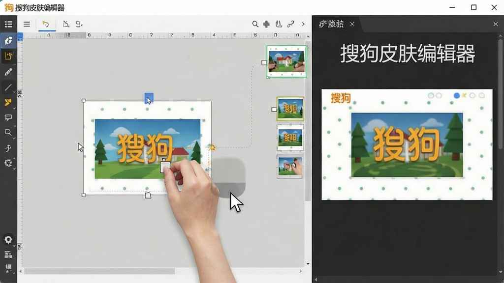 一张展示搜狗皮肤编辑器可视化编辑界面的图片,画面中用户正在拖拽一张图片到编辑区域,右侧预览窗口实时显示皮肤效果,界面中带有“搜狗皮肤编辑器”文字标识,布局为左右分栏结构,风格为简洁明快的软件操作界面风格,细节包括鼠标光标、拖拽轨迹、预览小图等,画质清晰、干净、无多余元素