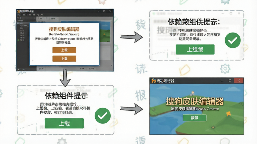 一张展示搜狗皮肤编辑器问题解决流程的图片,画面中包含软件报错弹窗、依赖组件安装提示、以及成功运行后的界面,界面中带有“搜狗皮肤编辑器”文字标识,布局为流程图式排列,风格为技术教程插图风格,细节包括错误提示框、下载按钮、绿色对勾图标等,画质清晰、干净、无多余元素