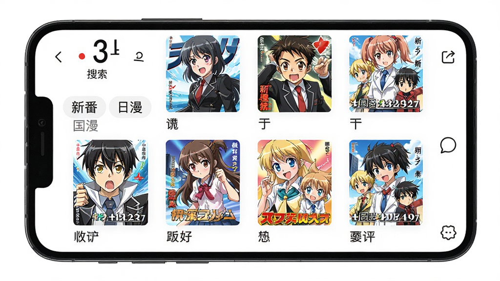 动漫共资源聚合界面,画面展示手机屏幕中动漫共APP的搜索结果页面,屏幕上列出多部动漫封面和标题,有清晰的分类标签如“新番”“国漫”“日漫”,布局整齐,风格简洁明亮,画质高清,干净无多余元素