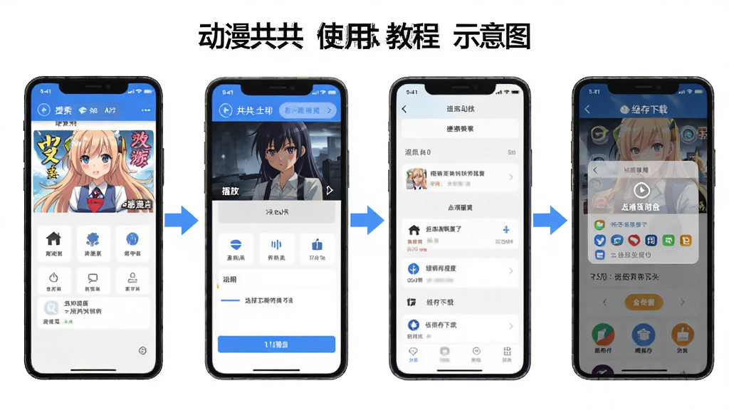 动漫共使用教程示意图,画面展示手机屏幕中动漫共APP的操作步骤,包括搜索动漫、点击播放、选择清晰度、缓存下载等界面截图排列,有箭头指引,整体排版清晰,风格简洁,画质高清,无多余元素