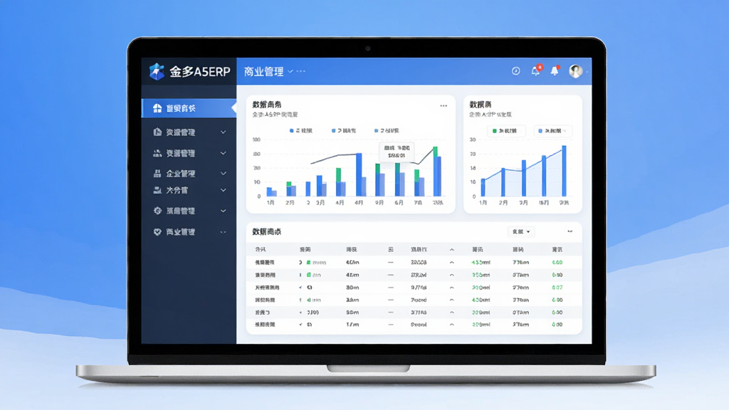 软件名称“金多A5ERRP商业版”,主体为一台打开的笔记本电脑屏幕显示企业资源管理仪表盘界面,布局采用居中构图,左侧为导航菜单,右侧为数据图表和表格,排版整洁有序,风格为现代商务科技风,细节包含蓝色调渐变背景、图标细腻、数据卡片圆角设计,画质高清干净无多余元素