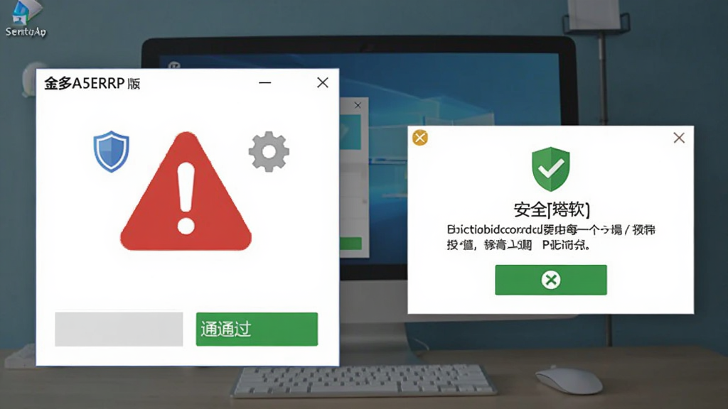 软件名称“金多A5ERRP商业版”,主体为电脑桌面弹出安装向导窗口与安全软件提示框的对比场景,布局为左右双窗口并列,排版突出红色警告图标与绿色通过按钮,风格为扁平化UI示意,细节包含盾牌、齿轮、对勾和叉号图标,画质高清干净无多余元素