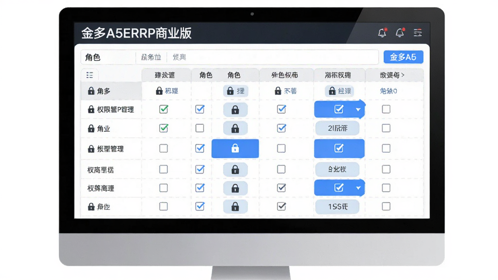软件名称“金多A5ERRP商业版”,主体为电脑屏幕显示权限管理矩阵表格,布局为网格状权限勾选界面,排版简洁明了,风格为现代UI设计风,细节包含锁形图标、角色标签、蓝色高亮选中状态,画质高清干净无多余元素