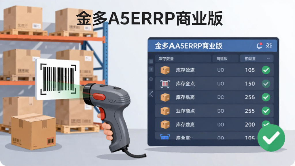 软件名称“金多A5ERRP商业版”,主体为仓库货架与数字化库存面板结合的插画场景,布局为左右分栏,左侧显示商品条码扫描,右侧显示库存数量列表,排版清晰,风格为扁平化商务插画,细节包含纸箱、扫码枪、绿色对勾图标,画质高清干净无多余元素