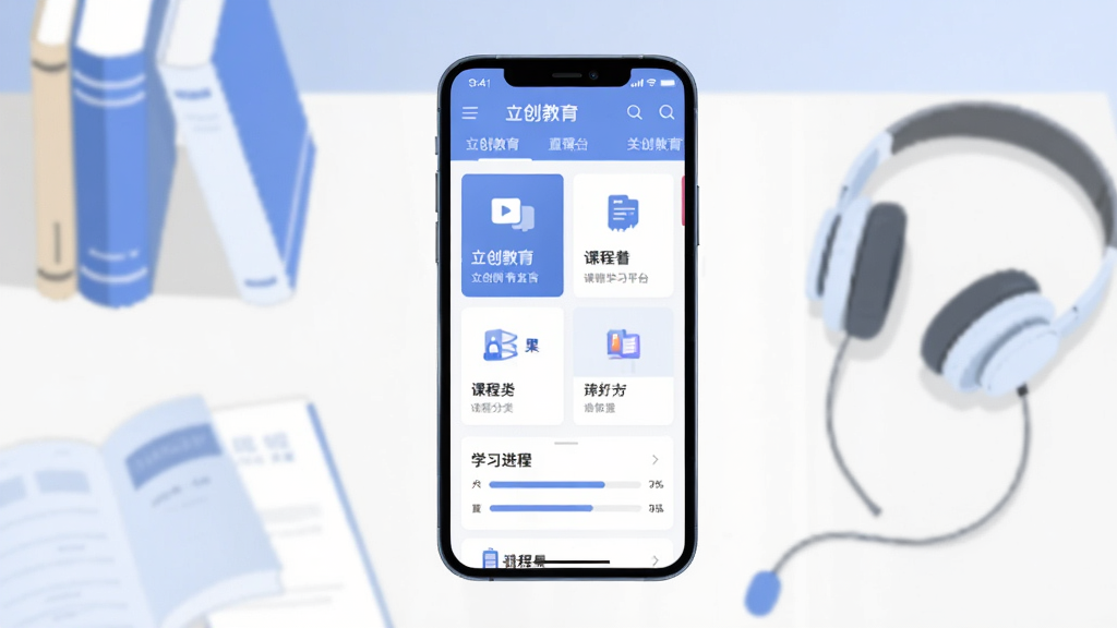 立创教育移动学习平台主界面展示,画面中央为一部智能手机,屏幕中显示立创教育应用首页,包含课程分类卡片与学习进度条,背景为整洁的书桌场景,摆放书本与耳机,主体突出手机屏幕内容,布局采用居中式构图,风格为现代扁平化插画,细节包括柔和的蓝色与白色配色、简洁的图标元素,画质清晰干净,无多余装饰元素