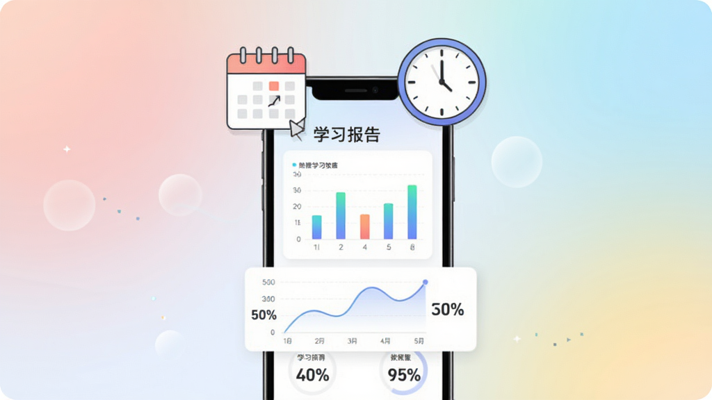 立创教育学习数据追踪界面展示,画面中央为手机屏幕显示学习报告图表,屏幕上方漂浮日历与时钟图标,主体为手机与数据可视化元素,布局采用垂直分层构图,风格为清新简约插画,细节包括柱状图、折线图、百分比数字、柔和渐变背景,画质清晰干净,无多余装饰
