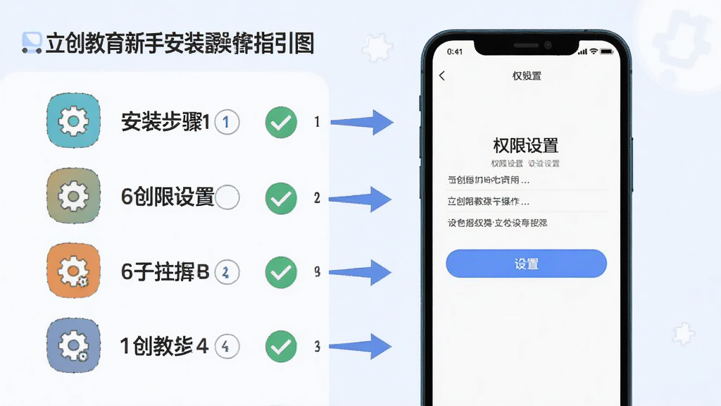 立创教育新手安装设置操作指引图,画面中央为手机屏幕显示权限设置页面,屏幕左侧列出安装步骤图标,主体为手机与步骤编号,布局采用左右分栏构图,风格为简洁教程插画,细节包括勾选标记、箭头指引、蓝色高亮按钮,画质清晰干净,无多余文字元素