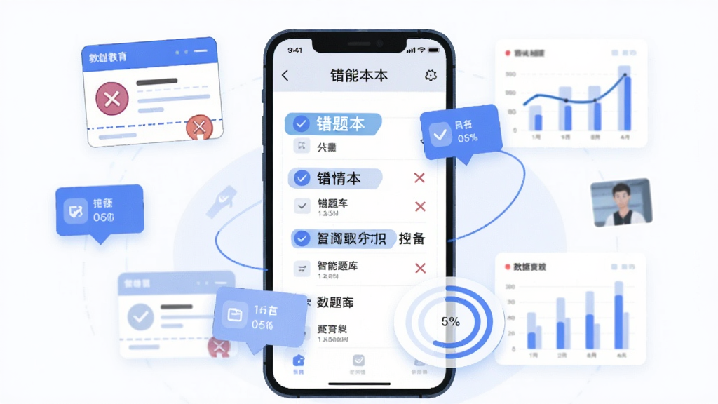 立创教育智能题库功能界面展示,画面中央为手机屏幕显示错题本页面,屏幕周围环绕答题卡图标与数据统计图表,主体为手机与浮动UI元素,布局采用环绕式构图,风格为科技感扁平插画,细节包括蓝色高亮标记、对勾与叉号图标、进度环,画质高清干净,无多余背景元素