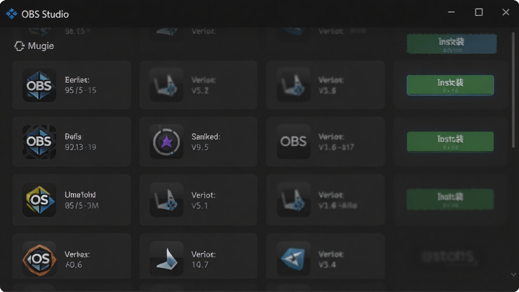 软件名称 OBS Studio 主体为插件安装界面 布局展示插件列表与安装按钮 排版为卡片式布局 风格为深色简洁界面 细节包含插件图标与版本号 画质清晰 干净 无多余元素