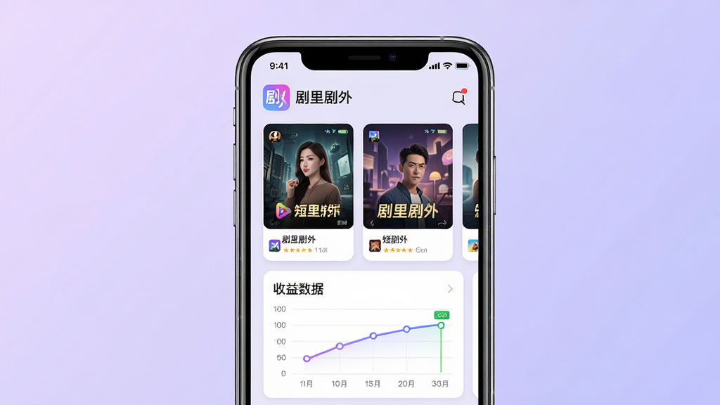 画面主体是一部智能手机,手机屏幕中显示着剧里剧外应用的短剧推广界面,界面中有多个短剧封面卡片和收益数据图表;布局采用居中构图,手机置于画面正中央,背景为柔和的渐变浅紫色;排版简洁清晰,手机屏幕内容一目了然;风格为现代扁平化UI设计风格;细节上手机边缘有轻微高光反射,屏幕内文字清晰可辨,显示“剧里剧外”应用名称;画质为高清2K,画面干净,无多余元素