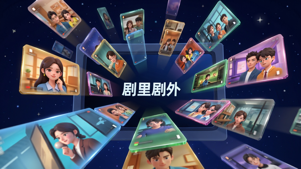 画面主体是一个大型视频内容库的抽象表现,多个彩色短剧封面卡片从屏幕中飞出,每张卡片上有不同的短剧场景缩略图;布局采用放射状构图,卡片围绕中心向四周扩散;排版上有层次感,近大远小;风格为3D立体插画风格;细节上卡片边缘有光泽感,中心位置显示“剧里剧外”字样,背景为深蓝色星空;画质为高清4K,画面干净,无多余元素
