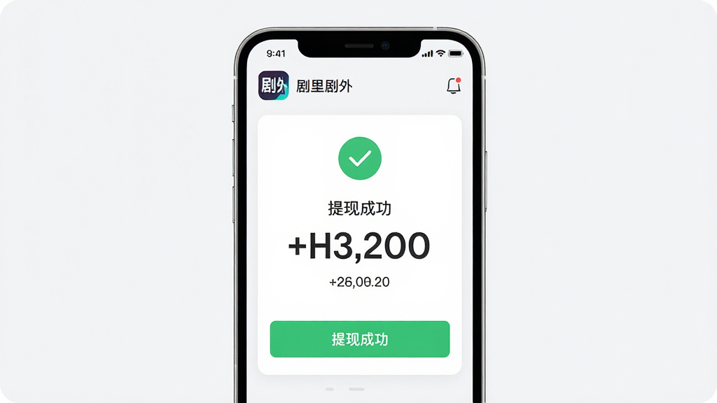画面主体是一个手机钱包界面,显示剧里剧外应用的提现成功页面,有绿色对勾和到账金额;布局采用中心对称构图,手机位于画面中央;排版上信息层级分明,金额数字突出显示;风格为现代简约UI风格;细节上界面中有“剧里剧外”应用图标和“提现成功”字样;画质为高清2K,画面干净,无多余元素