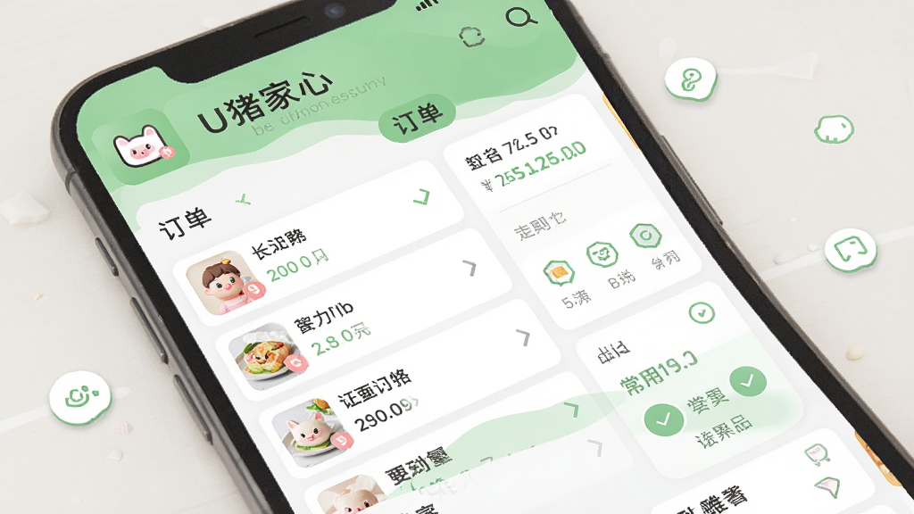 画面主体是U猪到家应用的个人中心页面,展示订单列表和常用功能按钮,布局清晰,背景为白色与浅绿色搭配,风格清爽,细节丰富,画质高清,干净无多余元素