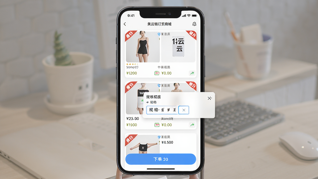 �����������̳ǹ���չʾ������Ϊ�ֻ���Ļ�ڳ�����Ʒ�б����µ���ť������Ϊ�������ʽ��Ʒ��Ƭ���Ű����룬���Ϊ���¼�Լ�ĵ��̷磬ϸ�ڰ����۸��ǩ�������Ǳꡢ���ѡ�񵯴������ʸ��壬����ɾ����޶���Ԫ��