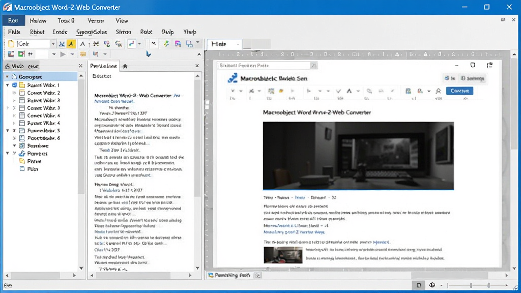 软件主界面全景展示,Macrobject Word-2-Web Converter 软件窗口居中,左侧为 Word 文档列表,右侧为网页预览效果,界面干净整洁,蓝色标题栏,白色背景,按钮清晰可见,整体风格专业简洁,画质清晰,无多余元素
