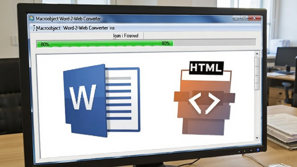 电脑屏幕上显示 Macrobject Word-2-Web Converter 软件正在转换文档,进度条显示 80%,旁边有 Word 文档图标和 HTML 代码图标,背景为办公桌面,风格写实,画质清晰,无多余元素