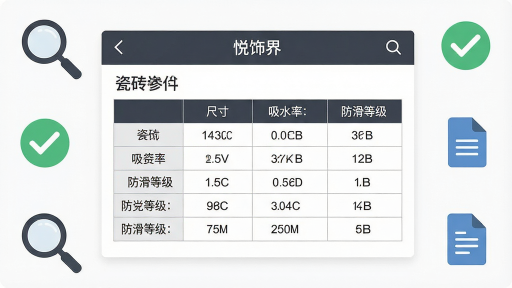 画面中央是一张放大的产品详情页截图,上面显示“悦饰界”应用中一款瓷砖的规格参数表格,包括尺寸、吸水率、防滑等级等,截图周围环绕着放大镜、对勾图标和文档图标,布局为中央截图加周围图标环绕,排版突出信息展示,风格为扁平化UI设计风格,细节上表格线条清晰,文字可读,画质为矢量级清晰,干净无多余元素