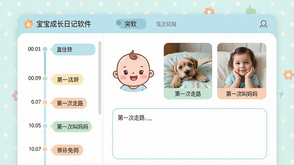 一张软件功能展示图,画面主体是“宝宝成长日记软件”的操作界面截图风格插画,界面左侧是时间轴列表,右侧是照片和文字输入框。界面中有一个可爱的卡通宝宝头像,旁边有“第一次走路”“第一次叫妈妈”等标签。整体风格清新明亮,配色柔和,画质清晰,干净整洁,无多余元素。