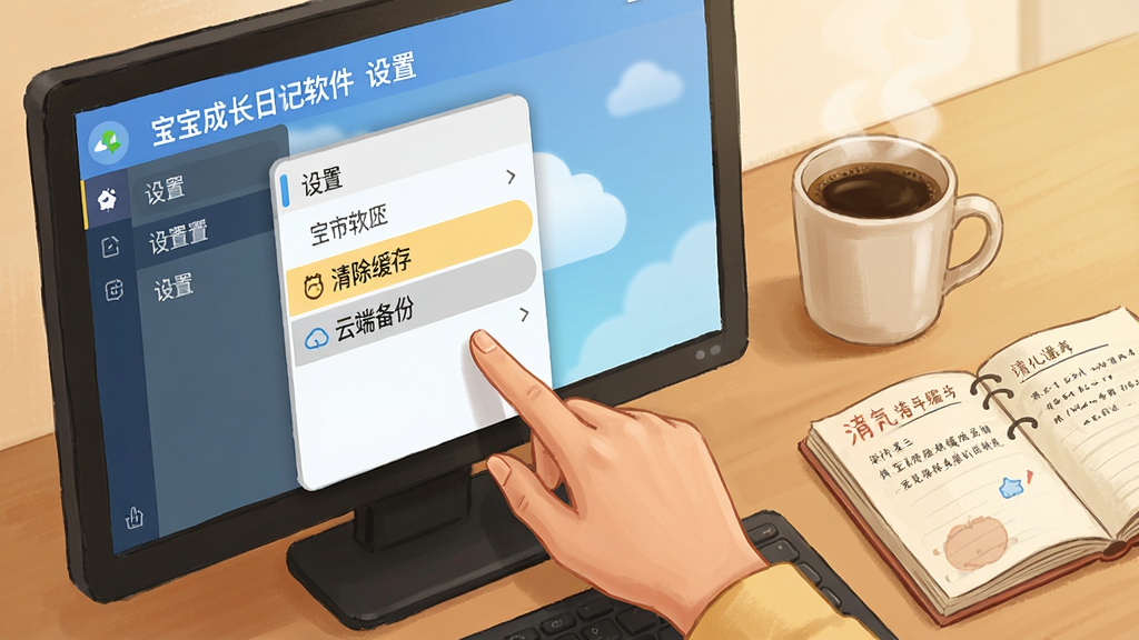 一张电脑桌面操作场景插画,画面中一只手正在点击“宝宝成长日记软件”的设置菜单,菜单中高亮显示“清除缓存”和“云端备份”选项。屏幕旁边有一杯咖啡和一本育儿笔记,整体风格写实偏插画,色调温暖,画质清晰,无多余元素。