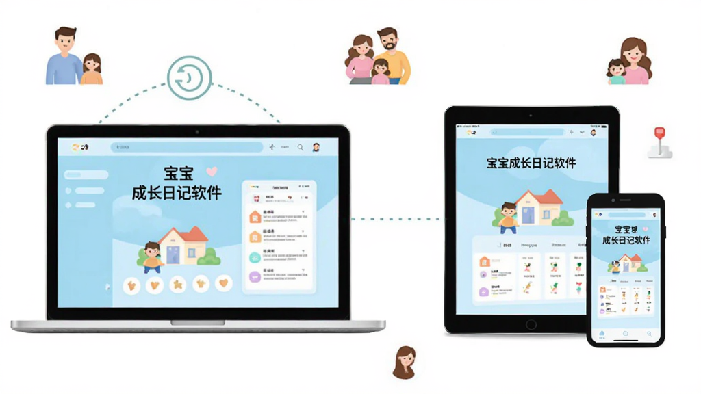 一张家庭多设备同步示意图,画面中有笔记本电脑、平板电脑和智能手机三个设备,屏幕上都显示“宝宝成长日记软件”的界面,设备之间有虚线连接表示同步。周围有家庭成员的小图标,风格简约现代,配色清爽,画质清晰,无多余元素。