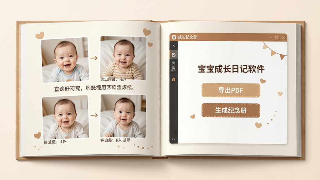 一张成长纪念册导出效果图,画面中是一本翻开的精美相册,左页是宝宝的照片和文字记录,右页是“宝宝成长日记软件”的导出界面,有“导出PDF”“生成纪念册”等按钮。整体风格温馨精致,画质清晰,干净无多余元素。